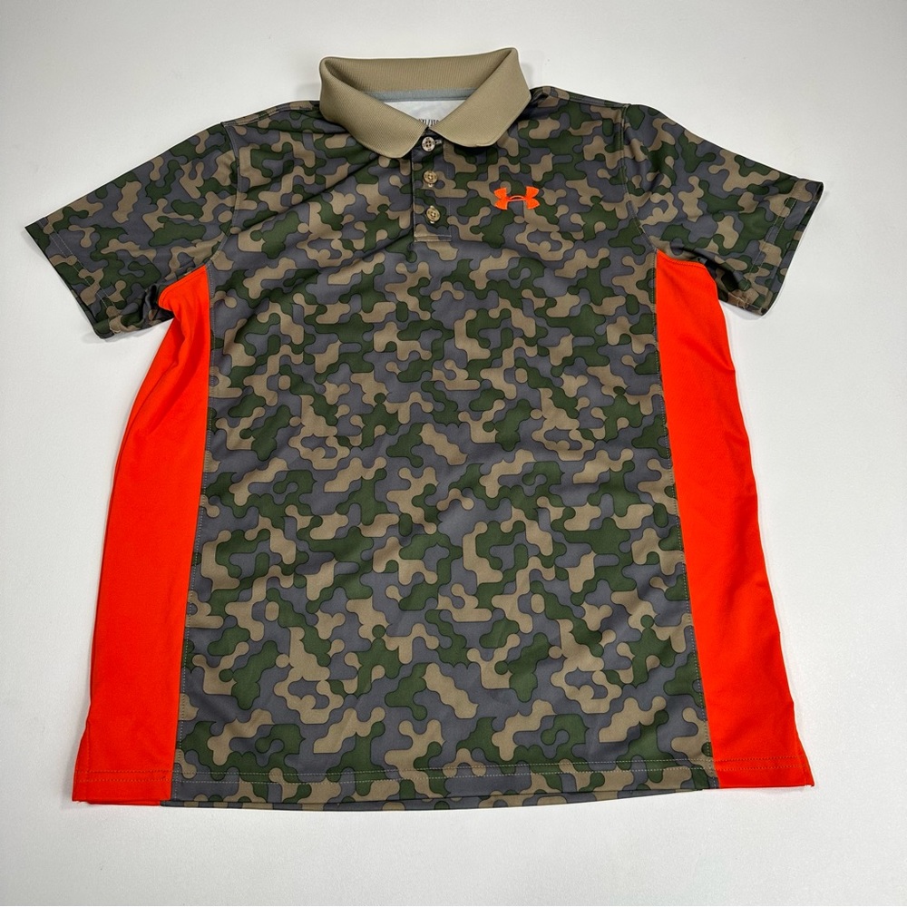 Under Armor Camo Polo Loose Fit Classic Camo Orange Shirt Boys Size XL